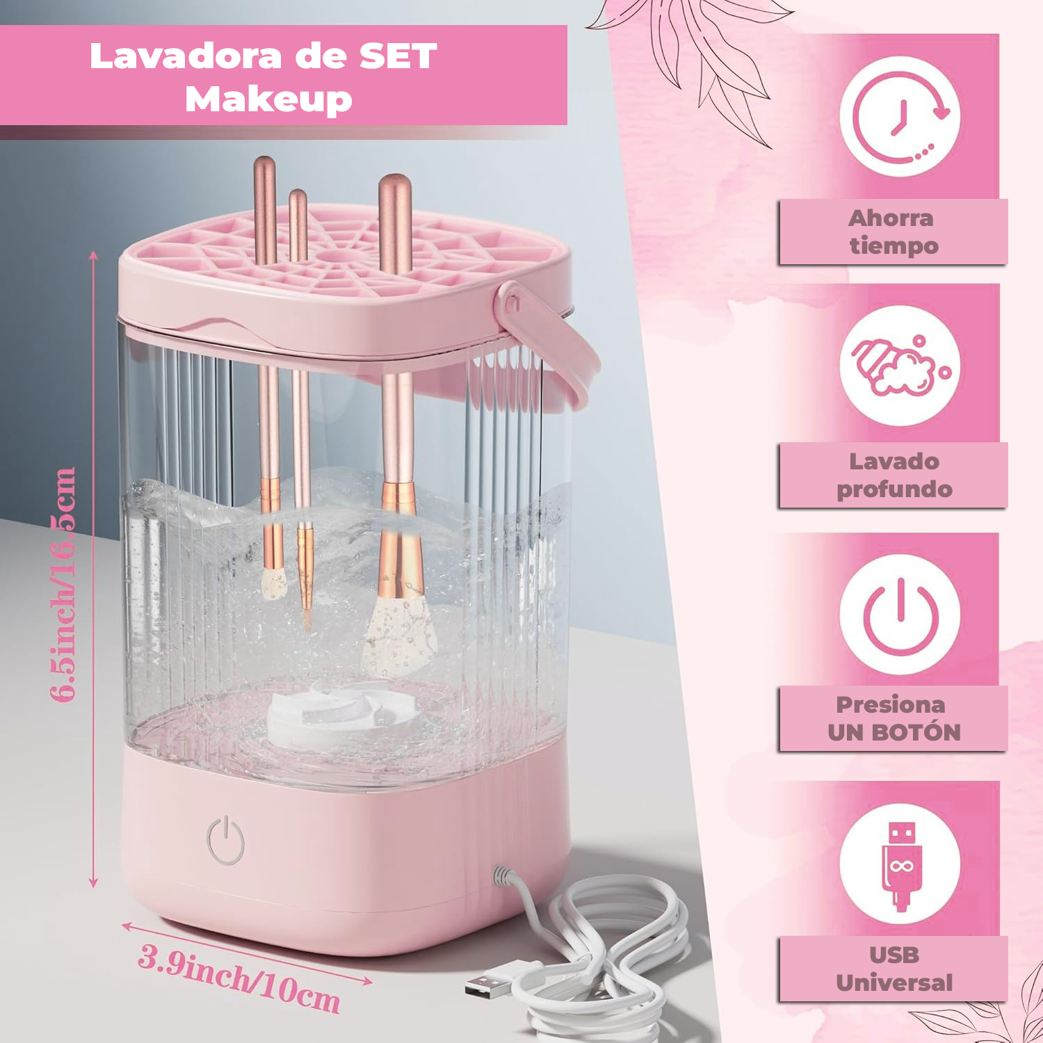 Pink makeup brush dryer with features listed on a pink background